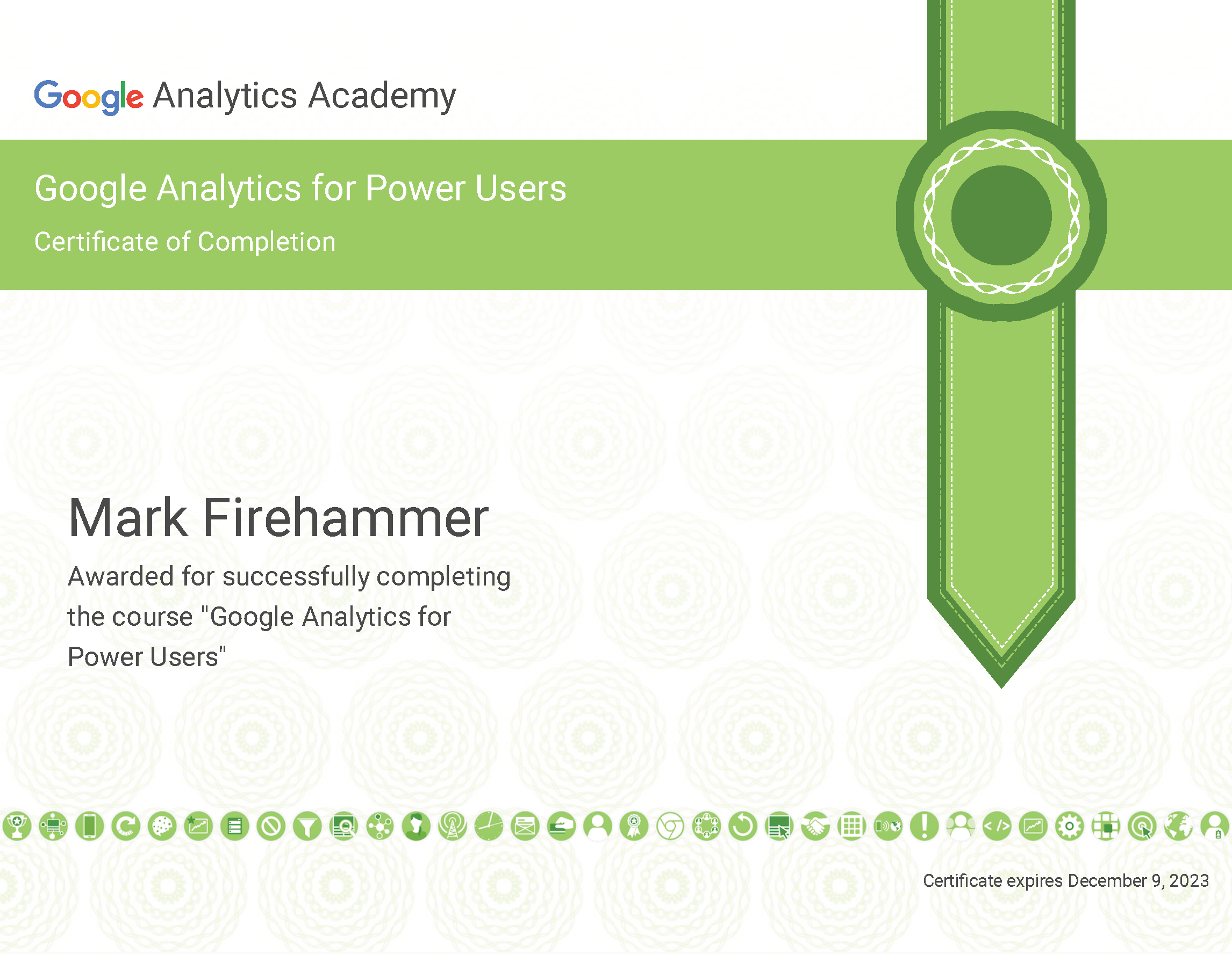 The Google Analytics Power User Certification for Mark Firehammer